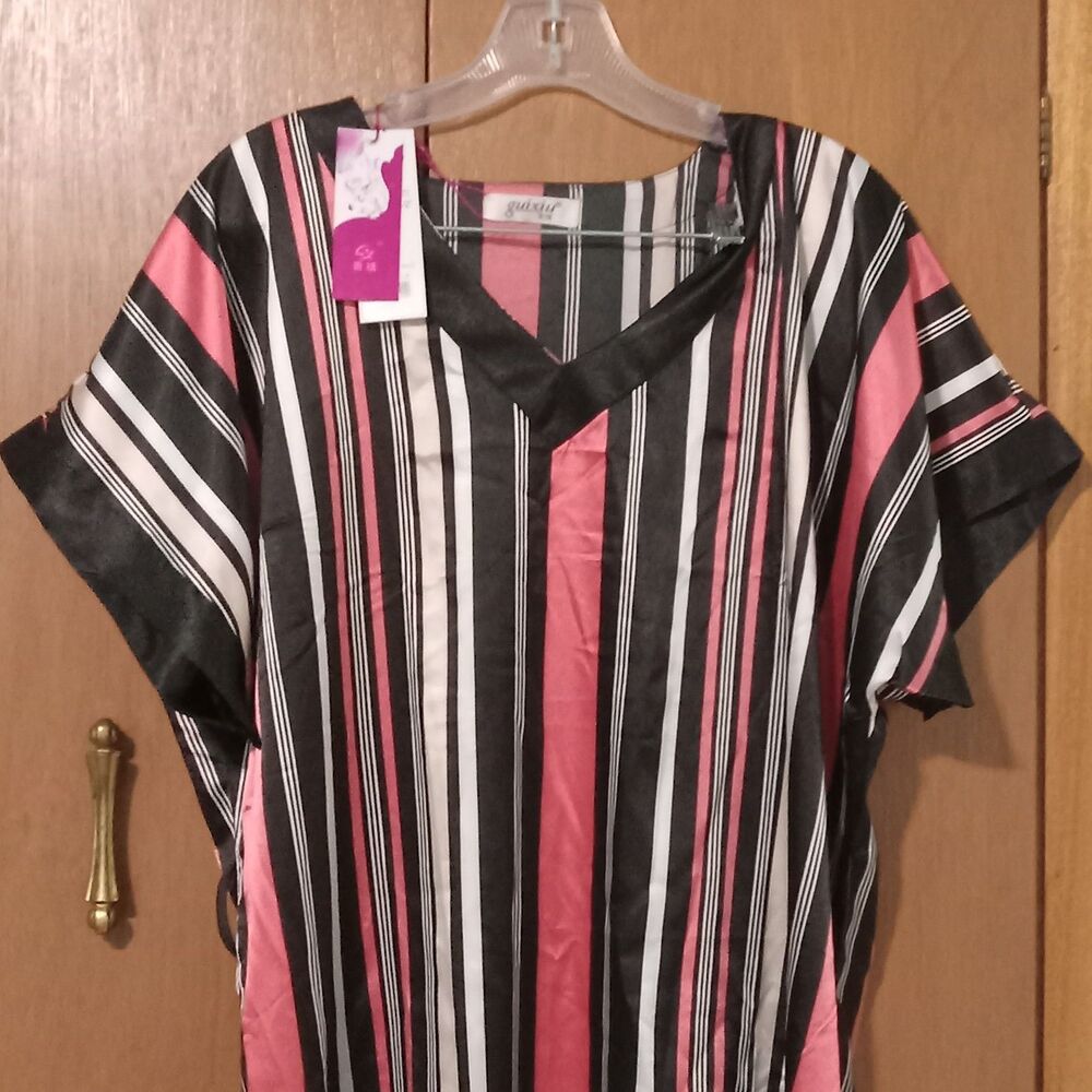 Guixiu Pink Black Stripe Satin Sleep Shirt Large 38" Length
